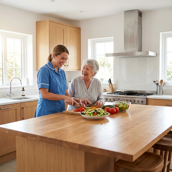 Eine Pflegekraft hilft einer Seniorin beim Zubereiten eines frischen Salats in einer sauberen, modernen Küche. Beide lächeln.