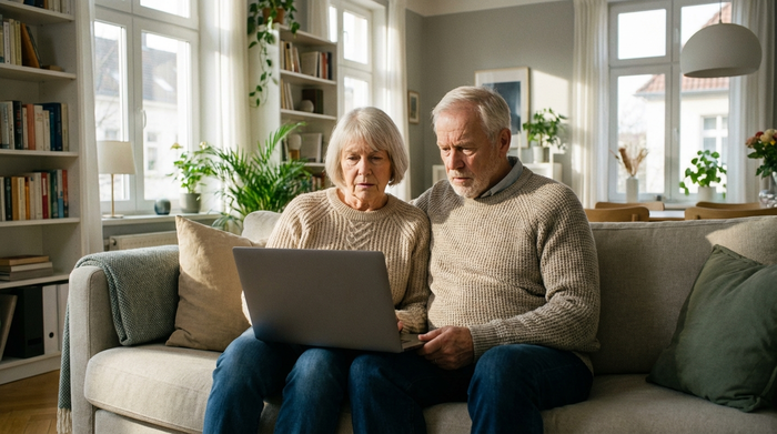 Ein älteres Ehepaar sitzt vor einem Laptop auf dem Sofa und sucht konzentriert nach Informationen. Im Hintergrund ein helles, aufgeräumtes Wohnzimmer.