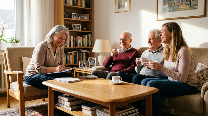 Eine erfahrene Pflegedienstleitung im Gespräch mit einer Familie am Couchtisch. Sie macht sich Notizen auf einem Klemmbrett, alle wirken entspannt und vertrauensvoll.