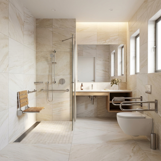 Ein sauberes, barrierefreies Badezimmer mit einer bodengleichen Dusche, Haltegriffen und einem Duschsitz. Helle Fliesen, modernes Design.