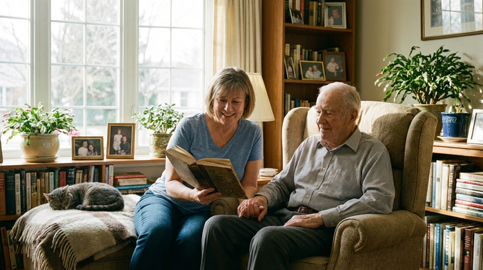 Eine liebevolle Betreuungskraft liest einem Senior im Sessel aus einem Buch vor. Entspannte, vertraute Stimmung im gemütlichen Wohnzimmer bei Tageslicht.