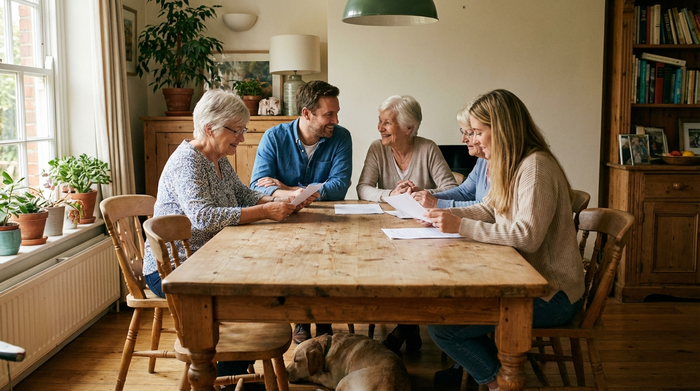 Eine nachdenkliche, aber entspannte Familie sitzt gemeinsam am Küchentisch und bespricht Unterlagen. Ein erwachsener Sohn und seine ältere Mutter nicken sich zustimmend zu. Die Szene ist professionell ausgeleuchtet, harmonisch und zeigt familiären Zusammenhalt.