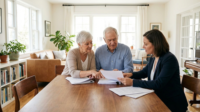 Ein älteres Ehepaar sitzt gemeinsam mit einer Beraterin an einem Holztisch in einem hellen Wohnzimmer und betrachtet konzentriert Dokumente. Realistische Szene, seriöse Beratungssituation, freundliche Gesichter, keine Texte.