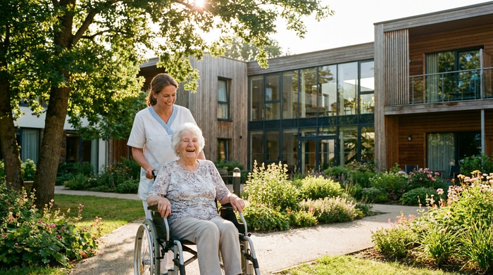 Eine lächelnde ältere Dame wird von einer fürsorglichen Pflegekraft im Garten einer modernen Seniorenresidenz im Rollstuhl spazieren gefahren. Sonniges Wetter, grüne Bäume, gepflegte Anlage, realistische Fotografie.