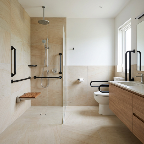 Ein modernes, barrierefreies Badezimmer mit einer ebenerdigen Dusche, Haltegriffen und einem Duschsitz. Helle Fliesen, sauberes und sicheres Design, realistische Darstellung ohne Text.