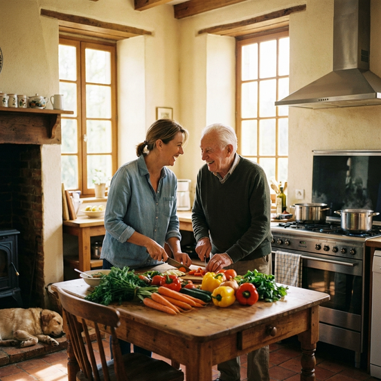 Eine freundliche Pflegekraft kocht gemeinsam mit einem Senior in einer gemütlichen, gut beleuchteten Küche. Frisches Gemüse auf dem Tisch, vertraute und herzliche Atmosphäre.