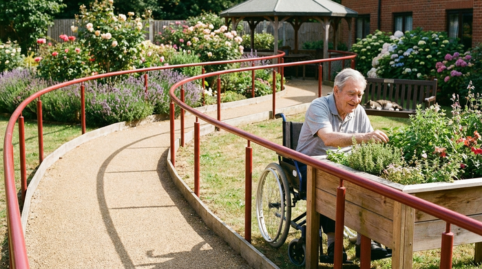 Ein sicherer, idyllischer Demenzgarten mit rollstuhlgerechten Wegen. Ein älterer Herr mit grauem Haar berührt sanft die Blätter eines Hochbeets. Im Hintergrund blühende Blumen und ein roter Handlauf. Ruhige, sonnige Atmosphäre.