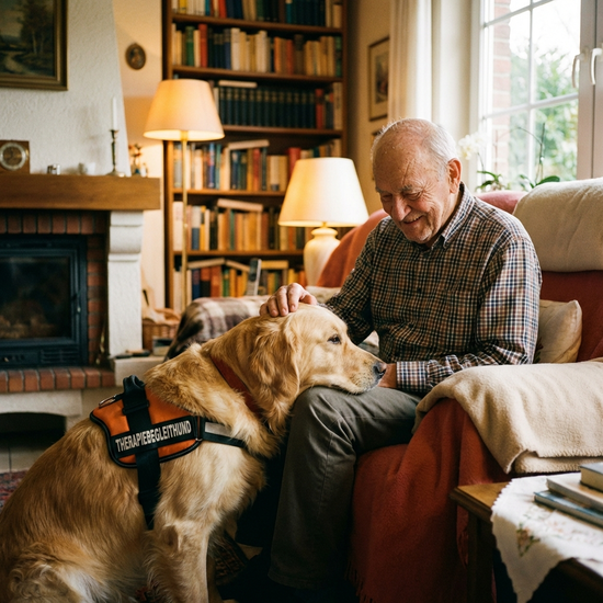Ein Therapiebegleithund, ein freundlicher Golden Retriever, legt seinen Kopf sanft auf den Schoß eines älteren Mannes. Der Mann streichelt den Hund und lächelt glücklich. Gemütliches Zimmer mit warmem Licht.