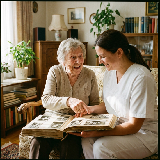 Eine Pflegekraft sitzt mit einer älteren Frau an einem Tisch und schaut sich gemeinsam ein altes Fotoalbum an. Die Frau deutet auf ein Bild und wirkt animiert. Nostalgische, warme Stimmung.