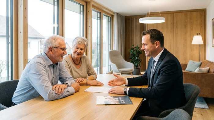Ein älteres Ehepaar sitzt gemeinsam mit einem Berater an einem hellen Holztisch und schaut auf Dokumente. Der Berater erklärt freundlich und geduldig die Unterlagen. Seriosität, Vertrauen, modernes Büro.
