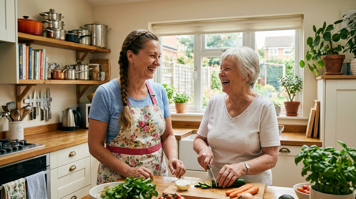 Eine freundliche osteuropäische Betreuungskraft kocht gemeinsam mit einer älteren Dame in einer gemütlichen, sauberen Küche. Beide lachen und schneiden Gemüse. Häusliche, vertraute Umgebung.