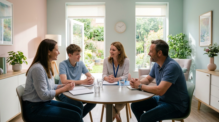 Eine einfühlsame Sozialarbeiterin im Gespräch mit einer Familie in einem hellen, freundlichen Krankenhauszimmer. Die Beteiligten wirken konzentriert und lösungsorientiert. Klare Umgebung, realistische Szene ohne Text.