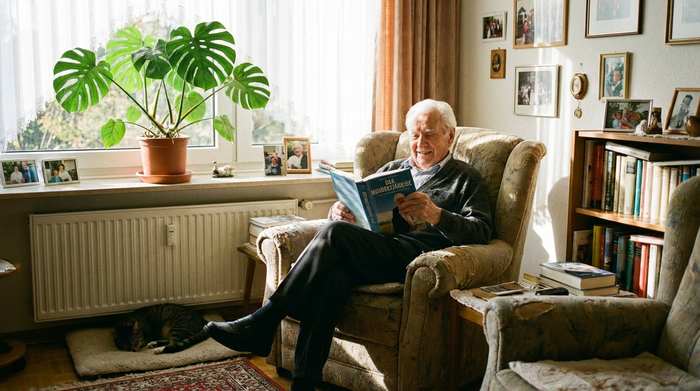 Ein älterer Herr sitzt entspannt in einem gemütlichen Sessel in einem hellen, freundlichen Pflegezimmer und liest ein Buch. Eine grüne Zimmerpflanze steht auf dem Fensterbrett, friedliche Stimmung, klare Details.