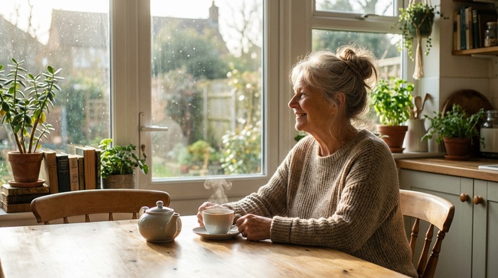 Eine lächelnde ältere Dame sitzt am Küchentisch und schaut entspannt aus dem Fenster. Eine Tasse Tee steht vor ihr. Ruhige, sorgenfreie Atmosphäre, sonnendurchfluteter Raum, realistische Fotografie ohne Text.