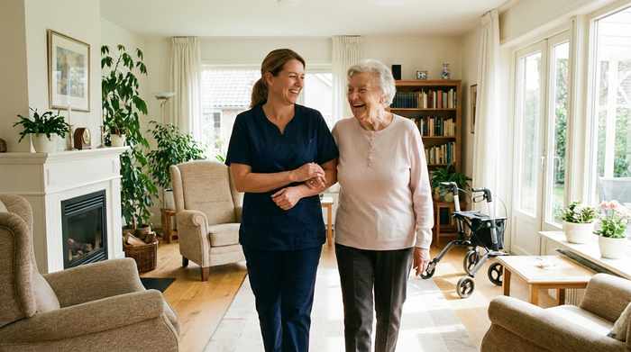 Eine freundliche Pflegekraft hilft einer älteren Frau liebevoll beim Gehen im eigenen Wohnzimmer. Ein heller, barrierefreier Raum mit gemütlicher Einrichtung. Vertrauensvolle und sichere Atmosphäre.