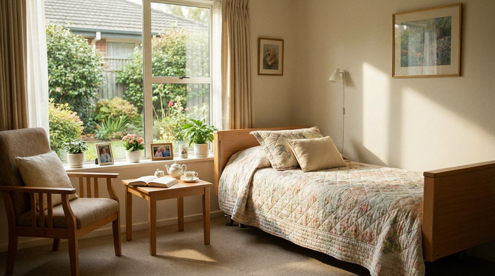 Ein helles, einladendes Zimmer in einer Senioreneinrichtung mit einem bequemen Bett, einem Holztisch und einem großen Fenster mit Blick ins Grüne. Sauber, ordentlich und wohnlich, realistische Fotografie.