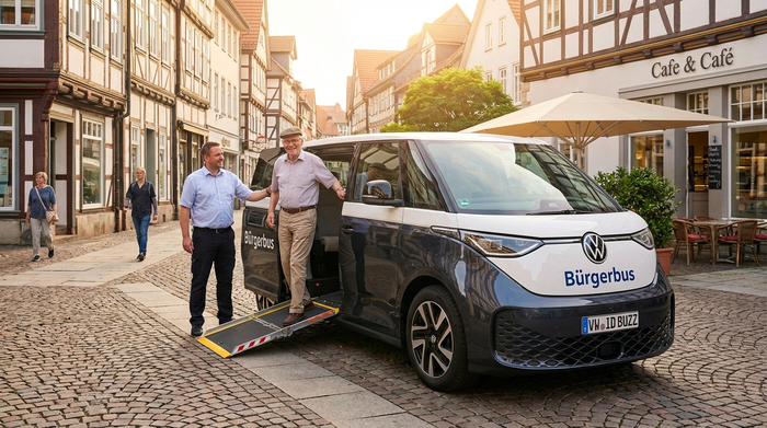 Ein lächelnder Senior steigt mit Hilfe eines freundlichen Fahrers in einen modernen, rollstuhlgerechten Kleinbus ein. Angenehmes Morgenlicht, typische Straßenszene in einer deutschen Stadt, gepflegte Umgebung.