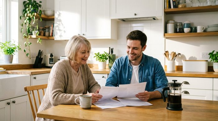 Eine ältere Dame und ein jüngerer Mann sitzen am Küchentisch und besprechen entspannt Unterlagen. Beide lächeln zufrieden. Eine Kaffeetasse steht auf dem Tisch, helle und aufgeräumte Küche.