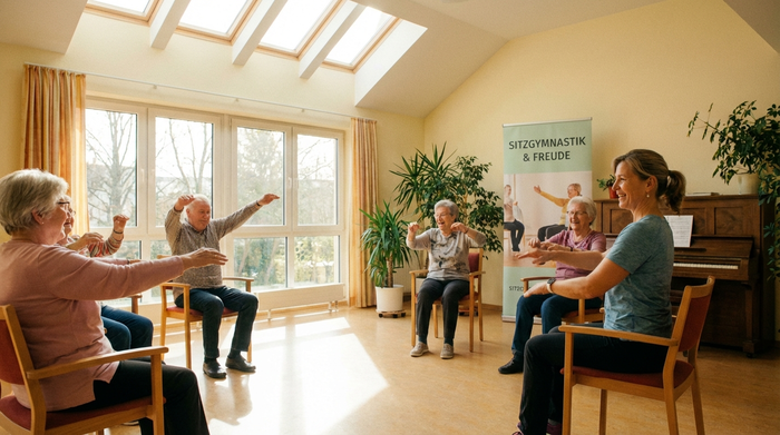 Eine Gruppe von Senioren macht leichte Sitzgymnastik in einem lichtdurchfluteten Raum. Eine motivierte Trainerin macht die Übungen vor. Fröhliche Gesichter, helle Umgebung.