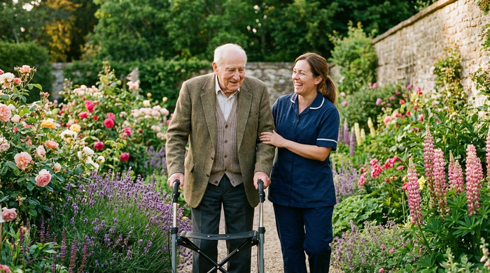Eine Pflegekraft und ein Senior spazieren gemütlich durch einen gepflegten Garten mit bunten Blumen. Der Senior stützt sich leicht auf einen Rollator. Entspannte, vertrauensvolle Stimmung.