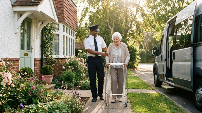Ein freundlicher Fahrer begleitet eine ältere Dame mit Rollator auf einem gepflasterten Weg von ihrer Haustür zu einem wartenden Kleinbus. Sonniges Wetter, grüne Vorgärten, entspannte und sichere Stimmung ohne Text im Bild.