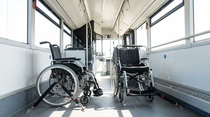 Der Innenraum eines modernen Transportbusses. Ein Rollstuhl ist sicher mit einem professionellen Gurtsystem am Boden verankert. Helles Licht fällt durch die großen Fenster, saubere und sichere Umgebung ohne lesbare Beschriftungen.