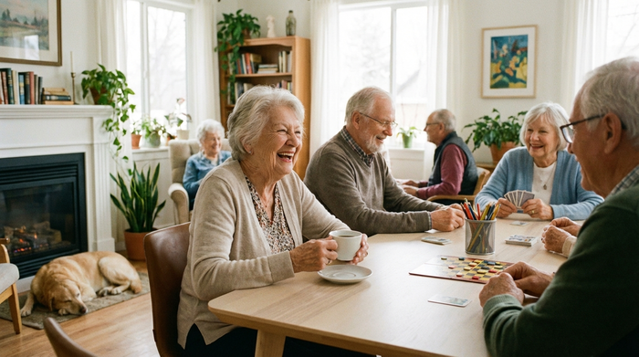 Eine ältere Dame sitzt entspannt an einem Tisch und trinkt Kaffee, während sie sich mit anderen Senioren in einem hellen, gemütlichen Raum einer Tagespflegeeinrichtung unterhält. Fröhliche, gemeinschaftliche Atmosphäre.