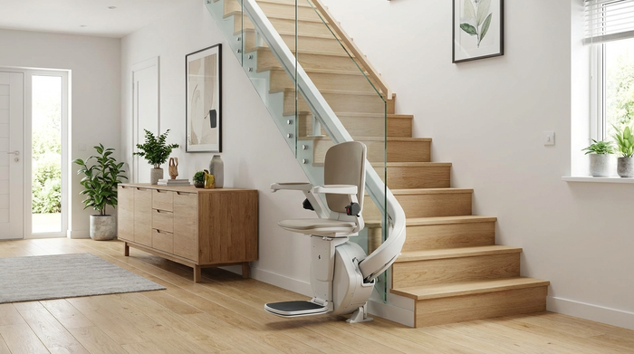 Ein moderner Treppenlift ist an einer hellen Holztreppe in einem gepflegten Einfamilienhaus installiert. Der Sitz ist ordentlich hochgeklappt, das Umfeld ist aufgeräumt und barrierefrei gestaltet.