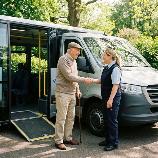 Ein lächelnder Senior wird von einer freundlichen Fahrerin vor einem modernen, barrierefreien Kleinbus herzlich begrüßt. Helles Tageslicht, grüne Bäume im Hintergrund, realistische Szene ohne Schriftzüge.
