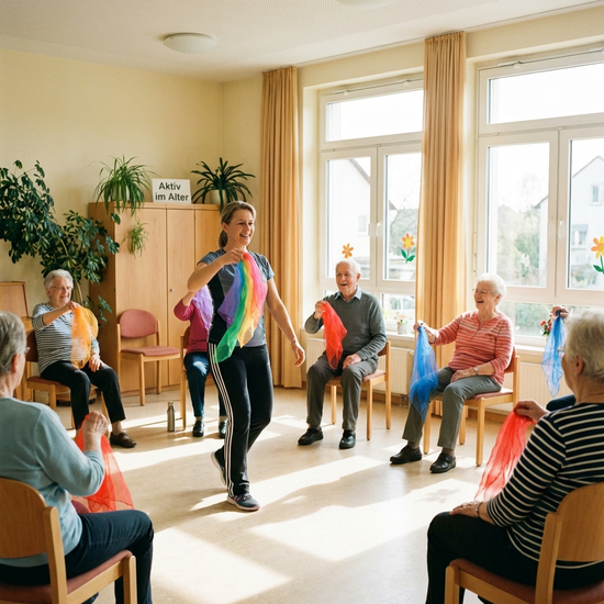 Eine Gruppe von Senioren macht leichte Sitzgymnastik mit bunten Tüchern in einem lichtdurchfluteten Raum. Eine motivierte Betreuerin macht die Übungen fröhlich vor.