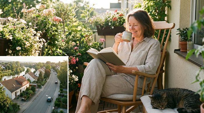 Eine entspannte Frau mittleren Alters trinkt in Ruhe einen Kaffee auf ihrem sonnigen Balkon, während sie ein Buch liest. Friedliche Stimmung, sonniger Nachmittag, keine Texte im Bild.