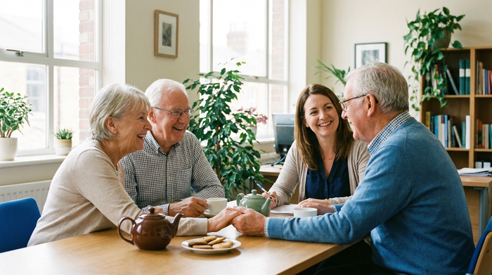 Ein älteres Ehepaar unterhält sich entspannt mit einer sympathischen Beraterin an einem Holztisch bei einer Tasse Tee. Freundliche, vertrauensvolle Atmosphäre in einem hellen Büro, realistische Darstellung ohne lesbare Dokumente.