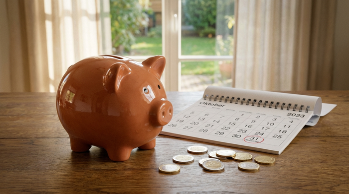 Ein gepflegtes Sparschwein auf einem Holztisch neben einem Kalender und einigen Euro-Münzen, sanftes Sonnenlicht fällt durch das Fenster. Realistische Fotografie, sauberes und aufgeräumtes Setting.