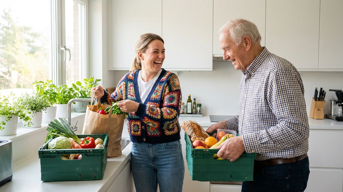 Eine sympathische Pflegekraft in Alltagskleidung hilft einem älteren Herrn beim Einräumen frischer Lebensmittel in die Küche. Helle, moderne Küche, entspannte und freundliche Stimmung.