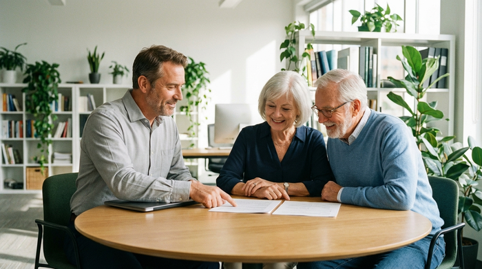 Ein freundlicher Berater sitzt mit einem älteren Ehepaar an einem runden Holztisch und bespricht Dokumente. Helles Büro, professionelle und vertrauensvolle Atmosphäre, realistische Fotografie ohne lesbaren Text.
