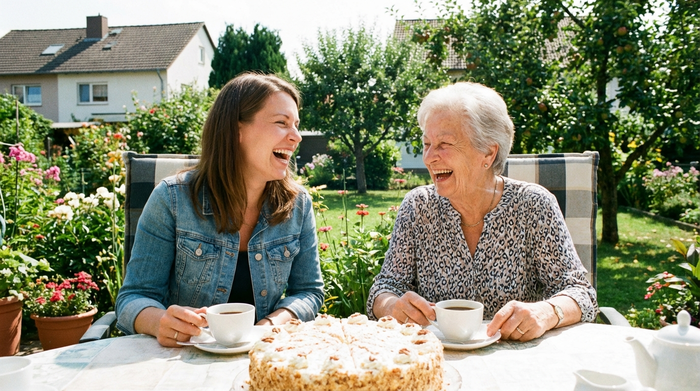 Zwei Frauen unterschiedlichen Alters sitzen lachend bei Kaffee und Kuchen auf einer sonnigen Terrasse. Entspannte nachbarschaftliche Atmosphäre, gepflegter grüner Garten im Hintergrund.