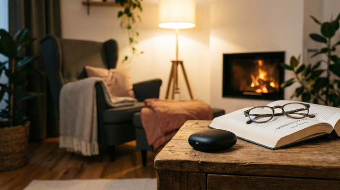 Ein moderner, unauffälliger Hausnotruf-Knopf liegt auf einem Beistelltisch neben einem aufgeschlagenen Buch und einer Lesebrille. Gemütliches Wohnzimmerambiente, warme und sanfte Beleuchtung.