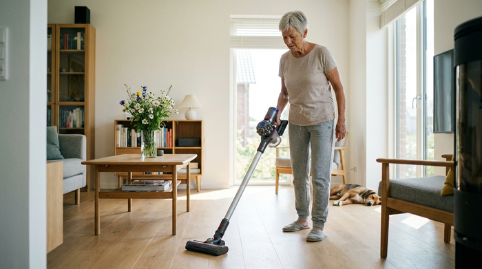 Eine rüstige Seniorin saugt den hellen Holzboden in ihrem modernen Wohnzimmer. Im Hintergrund stehen frische Blumen auf einem Couchtisch. Die Szene wirkt alltäglich, sauber und friedlich.