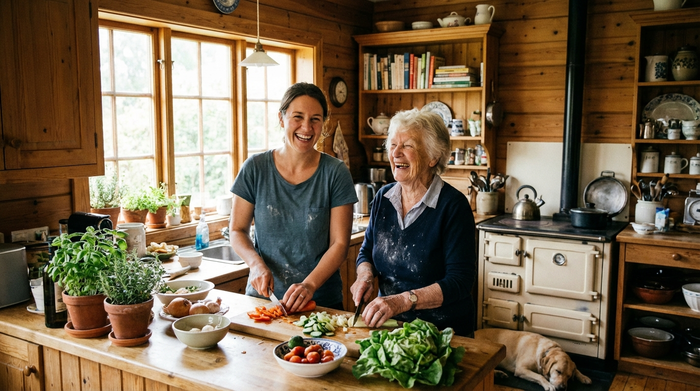 Eine engagierte Alltagsbegleiterin kocht gemeinsam mit einer älteren Dame in einer gemütlichen Holzküche. Beide schneiden frisches Gemüse und lachen herzlich miteinander. Die Umgebung ist hell und einladend.