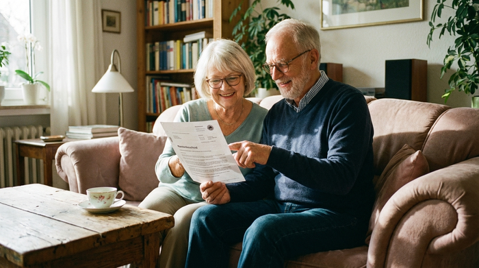 Ein älteres Ehepaar sitzt entspannt auf einem bequemen Sofa und liest gemeinsam ein offizielles Dokument. Eine Tasse Tee steht auf dem Tisch. Die Stimmung ist erleichtert und ruhig.