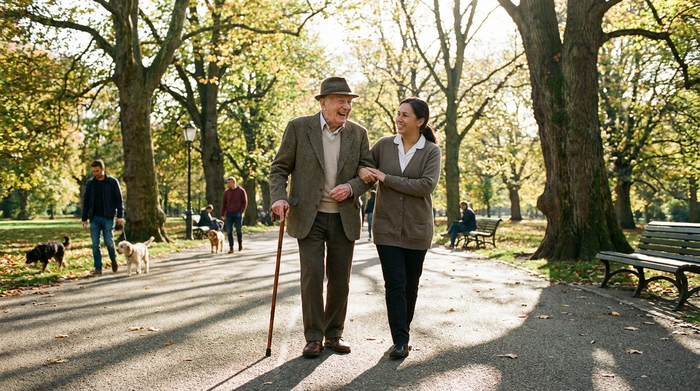 Ein älterer Herr mit einem eleganten Gehstock spaziert in Begleitung einer fürsorglichen Betreuungskraft durch einen sonnigen Park mit alten Bäumen. Beide unterhalten sich angeregt.