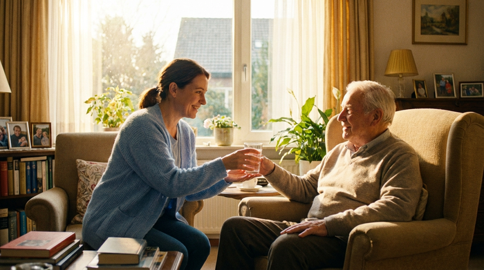 Eine fürsorgliche Betreuungskraft reicht einem älteren Herrn sanft ein Glas Wasser in einem sonnendurchfluteten Wohnzimmer. Beide lächeln sich entspannt an.
