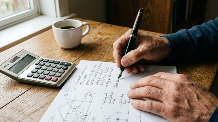 Nahaufnahme von Händen, die mit einem Füllfederhalter auf einem Dokument Notizen machen. Daneben liegen ein Taschenrechner und eine weiße Kaffeetasse auf einem Eichentisch.