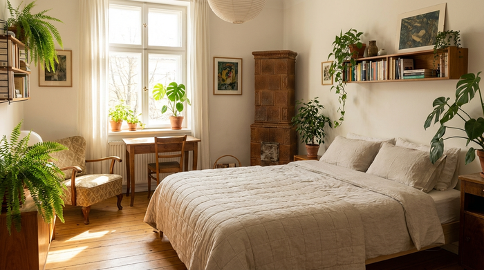 Ein helles, gemütlich eingerichtetes Gästezimmer mit einem frisch bezogenen Bett, einem bequemen Sessel, Zimmerpflanzen und einem kleinen Schreibtisch direkt am Fenster.