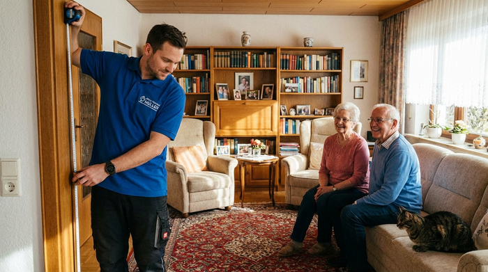 Ein kompetenter Reha-Techniker im blauen Poloshirt besucht ein älteres Ehepaar in ihrem gemütlichen Wohnzimmer und misst die Breite des Türrahmens mit einem Maßband.