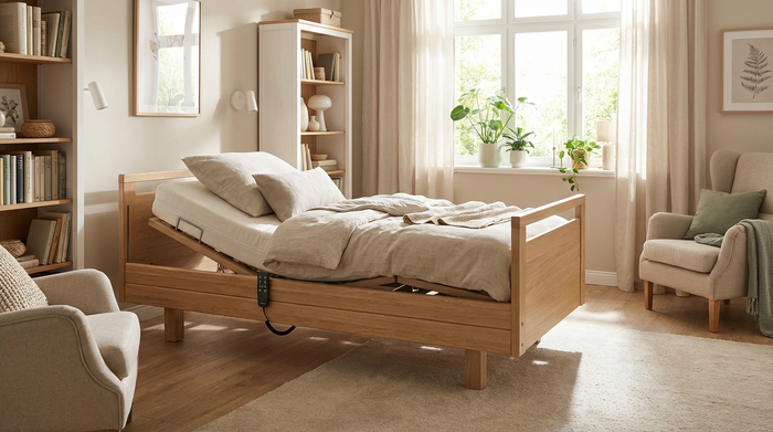 Ein modernes, elektrisch verstellbares Pflegebett aus hellem Holz steht in einem freundlich eingerichteten Schlafzimmer. Auf dem Bett liegt eine bequeme Matratze, weiches Sonnenlicht fällt durch das Fenster.