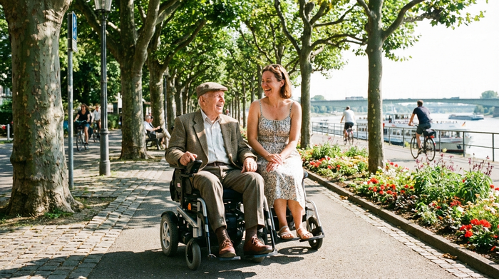 Ein rüstiger Senior im Rollstuhl fährt gemeinsam mit seiner Tochter lächelnd an einer sonnigen Flusspromenade spazieren. Grüner Baumbestand und ein gepflegter, gepflasterter Weg prägen die Szene.
