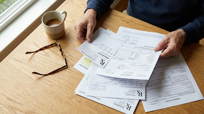 Eine detailreiche Nahaufnahme von Händen, die sorgfältig medizinische Dokumente und Formulare auf einem hellen Holztisch sortieren. Daneben liegt eine Lesebrille und eine Kaffeetasse.
