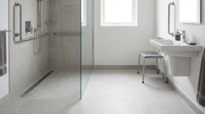 Ein modernes, barrierefreies Badezimmer mit einer bodengleichen Dusche, eleganten Haltegriffen an den Wänden und einem rutschfesten Boden in hellen Grautönen.