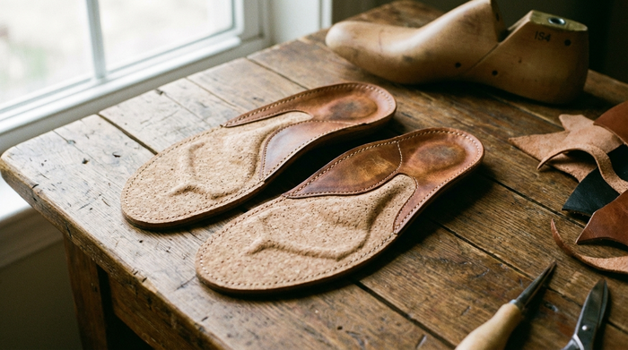 Nahaufnahme von hochwertigen, maßgefertigten Kork-Leder-Einlagen, die auf einem sauberen Holztisch liegen. Weiches, natürliches Licht betont die anatomische Form und die handwerkliche Präzision.